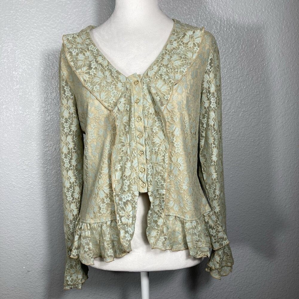 Cream Floral Lace Top L Victorian Blouse Ruffles Sheer Whimsical Fairy Romantic